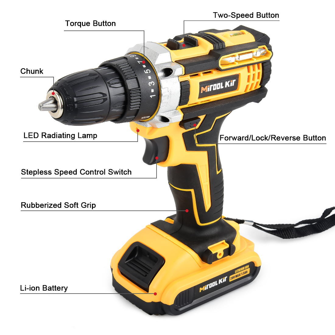 20V Cordless Drill Set with Battery 1500mAh, 330In-lb Torque LED Light