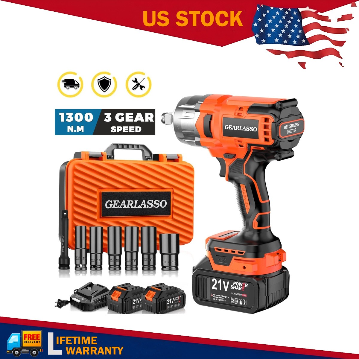 Electric Impact Wrench 800N.m 1/2 Drive Gearlasso Kit With 2 Batteries