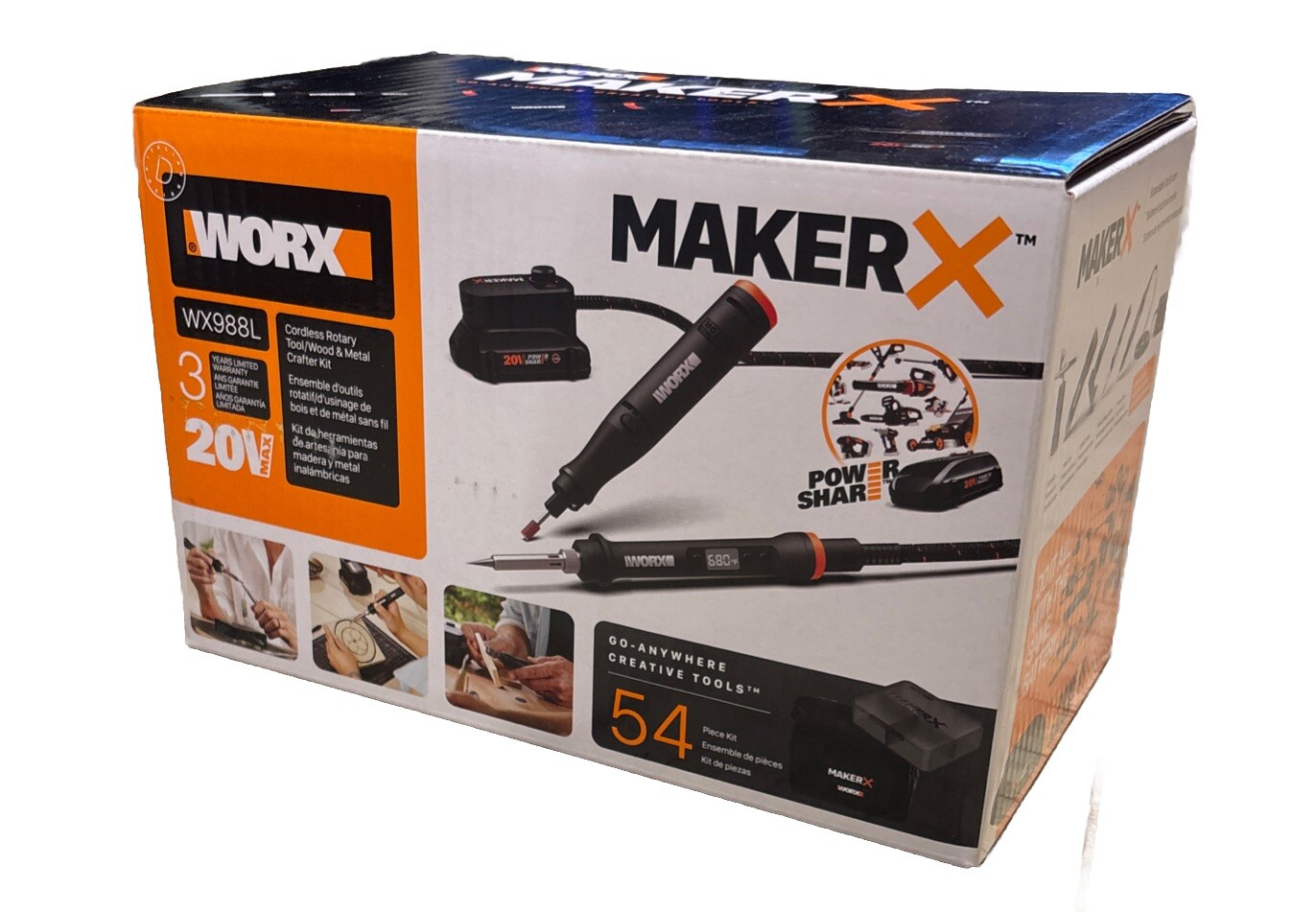 WX988L WORX 20V 2 PC MAKERX Combo: Rotary Tool + Wood/Metal Crafter with Battery