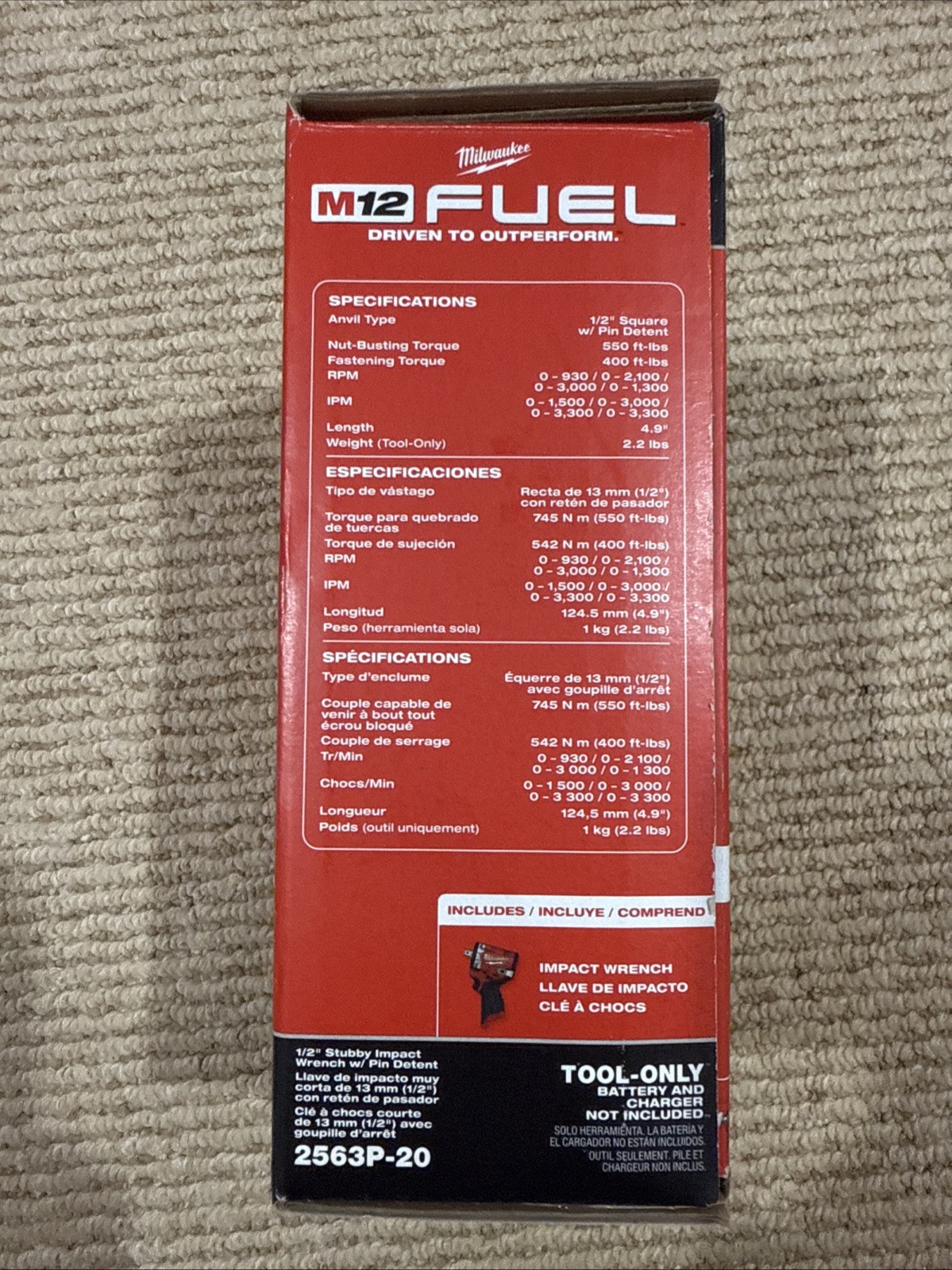 Milwaukee M12 Fuel Stubby 1/2&Prime; Impact Wrench w/Pin Detent Tool Only 550 Ft-LBs