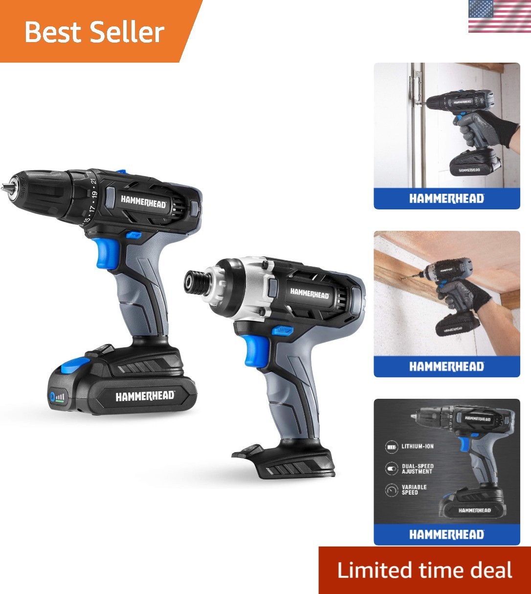 Powerful 20V Drill & Impact Driver Combo with LED Light – 1.5Ah Battery Included