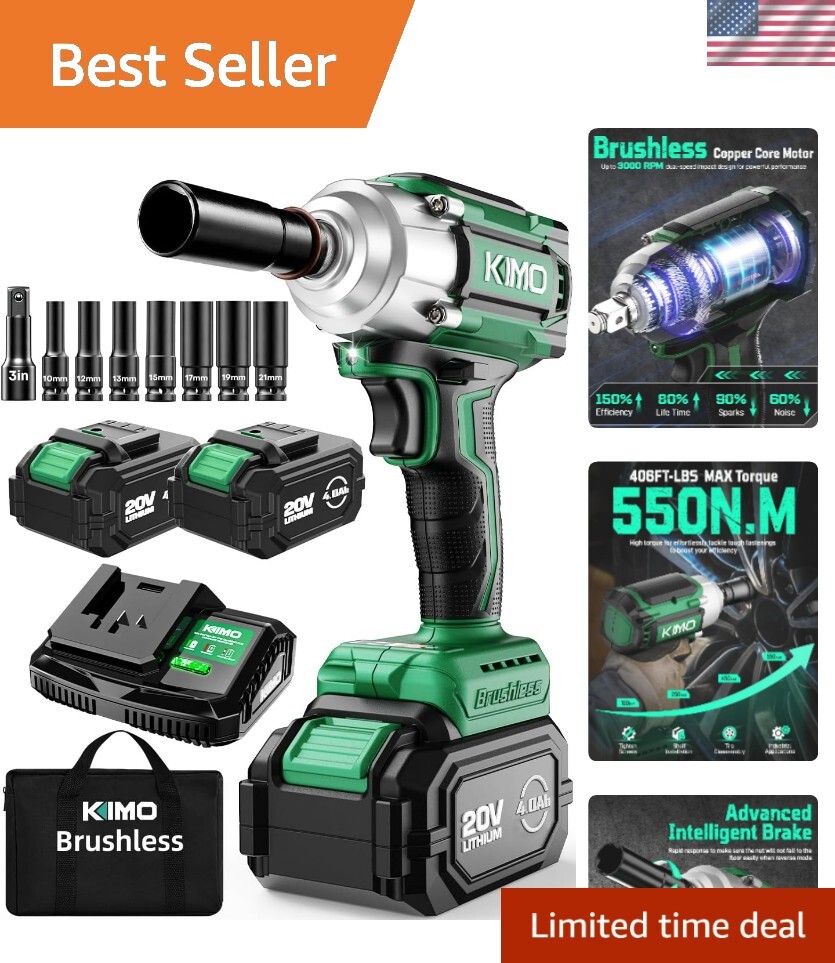 KIMO Impact Wrench 1/2 Cordless,550N.m/406ft-lbs Max Torque & 3000RPM, 2x20V …