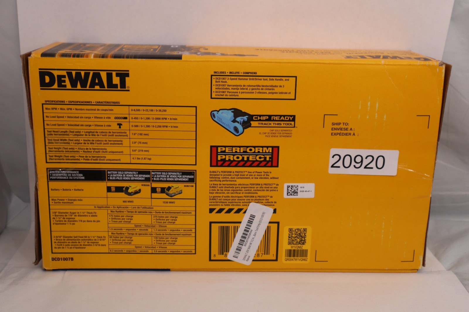 Dewalt DCD1007 20V 20 Volt Max XR 1/2&Prime; Brushless Hammer Drill w/ Handle #20920