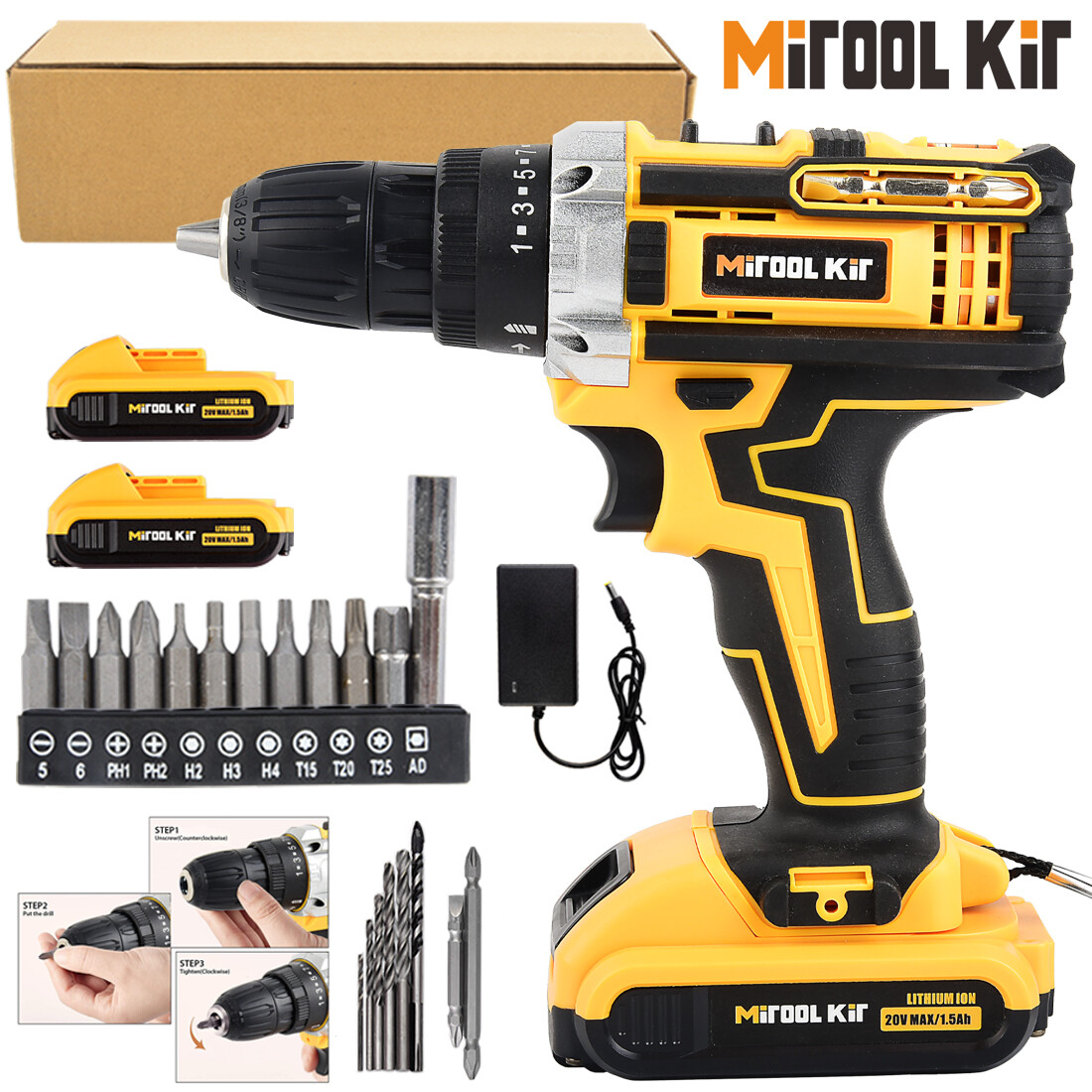 Cordless Drill W/2 Battery Heavy Duty Impact Driver Kit Electric Drill Bit Kit