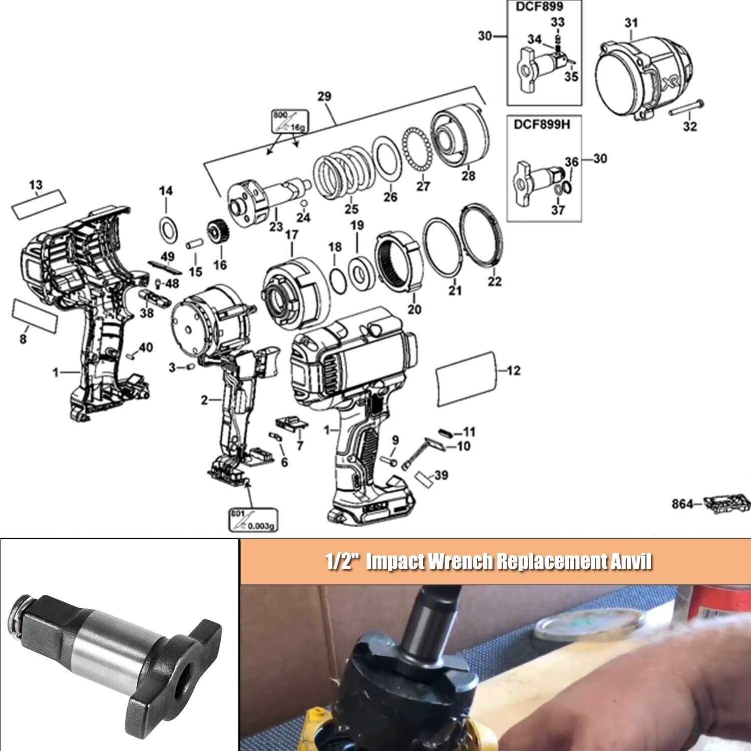 Impact Wrench Anvil Assembly 1/2 » Dewalt Black & Decker 18V 20V MAX XR DCF899HB