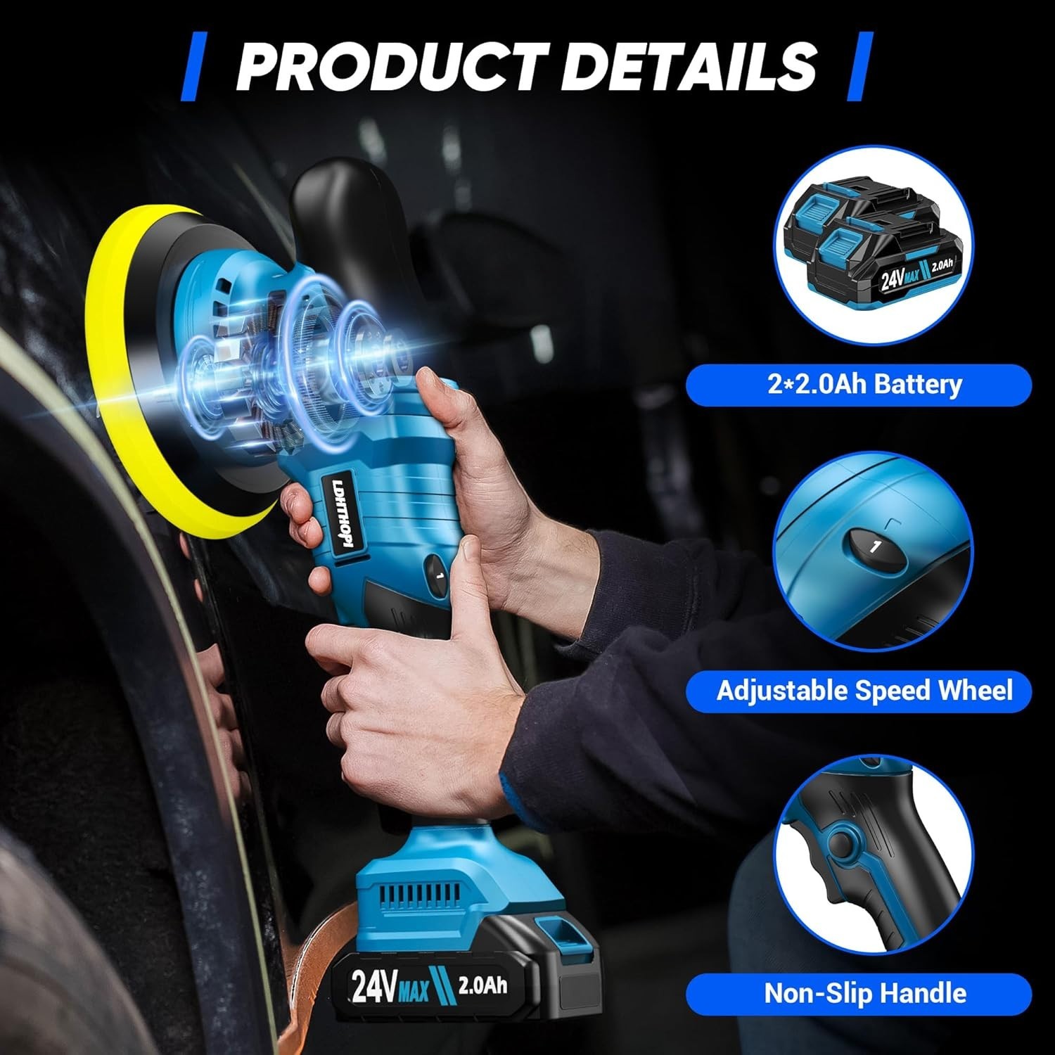 Cordless Buffer Polisher with 2×2000Mah Battery, 10000RPM 1600W High Power Car P