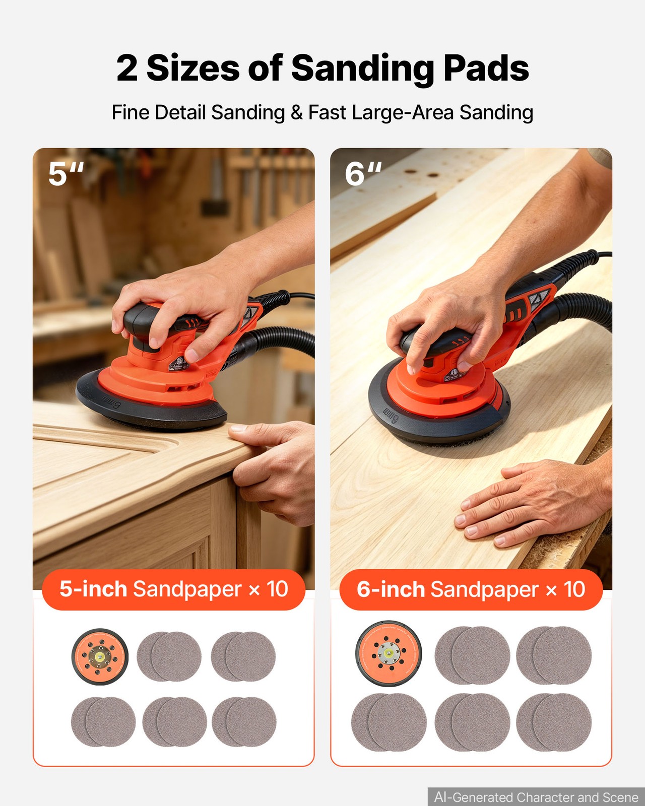 VEVOR 5 & 6-Inch Random Orbital Sander 400W Brushless 4000-10000RPM 7 Speeds