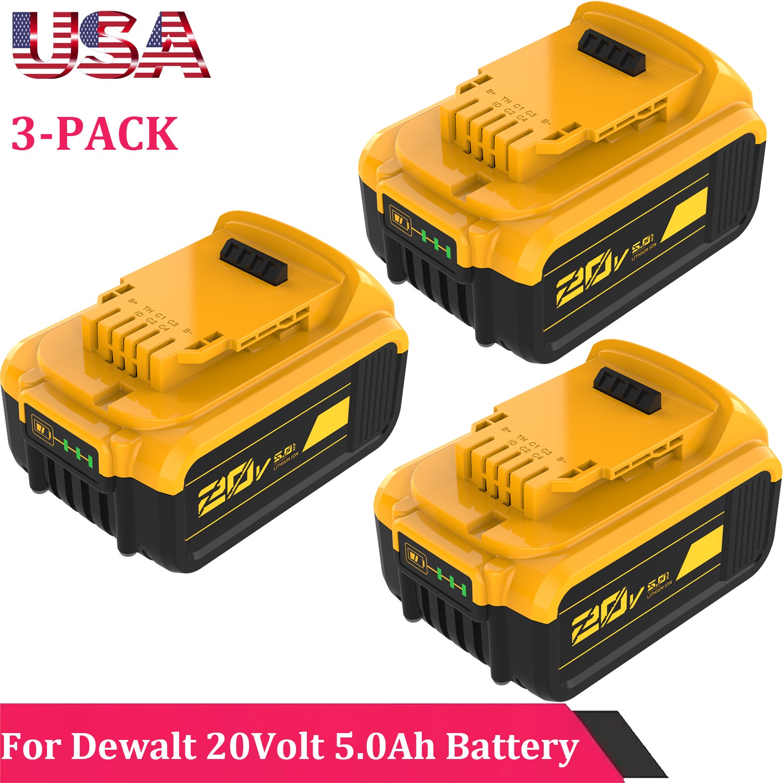 3 Pack 20V For DEWALT DCB205 20V Max XR 5.0Ah Lithium-Ion Battery DCB206 DCB200