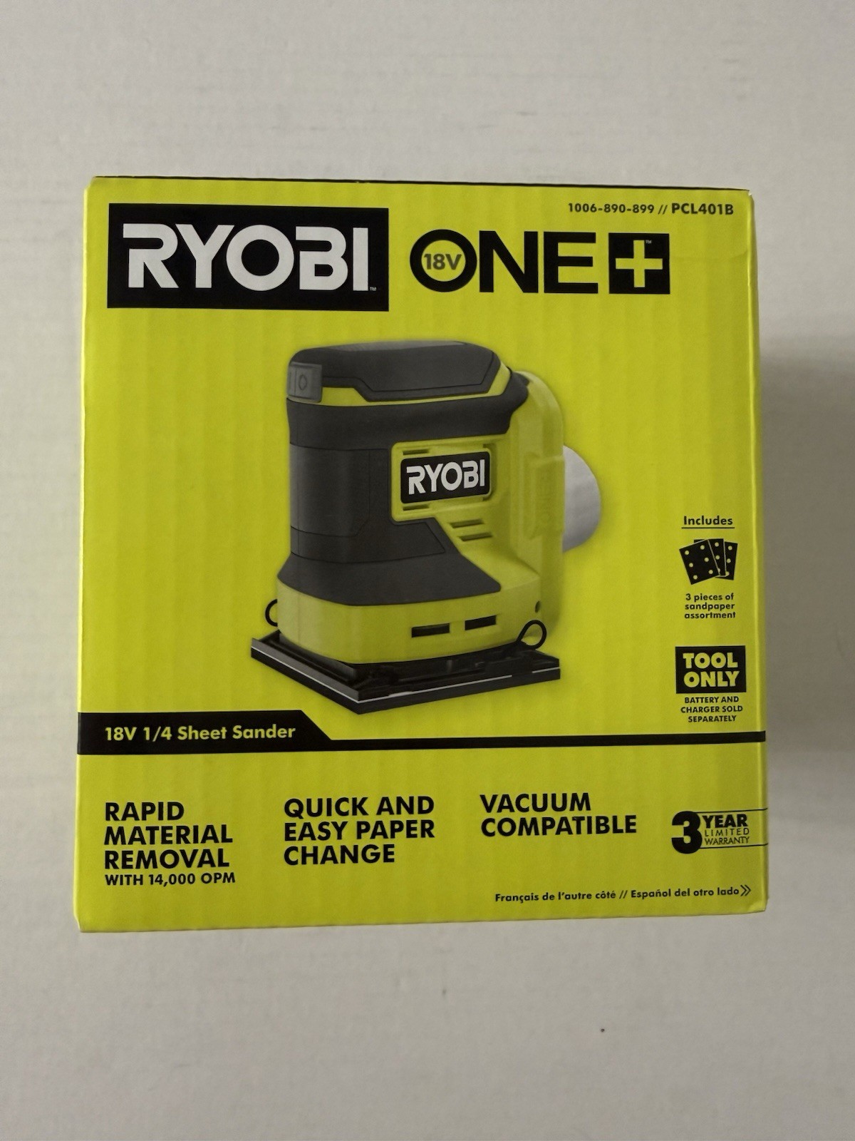 NEW Ryobi ONE+ 18V Cordless 1/4 Sheet Sander Tool Only PCL401b