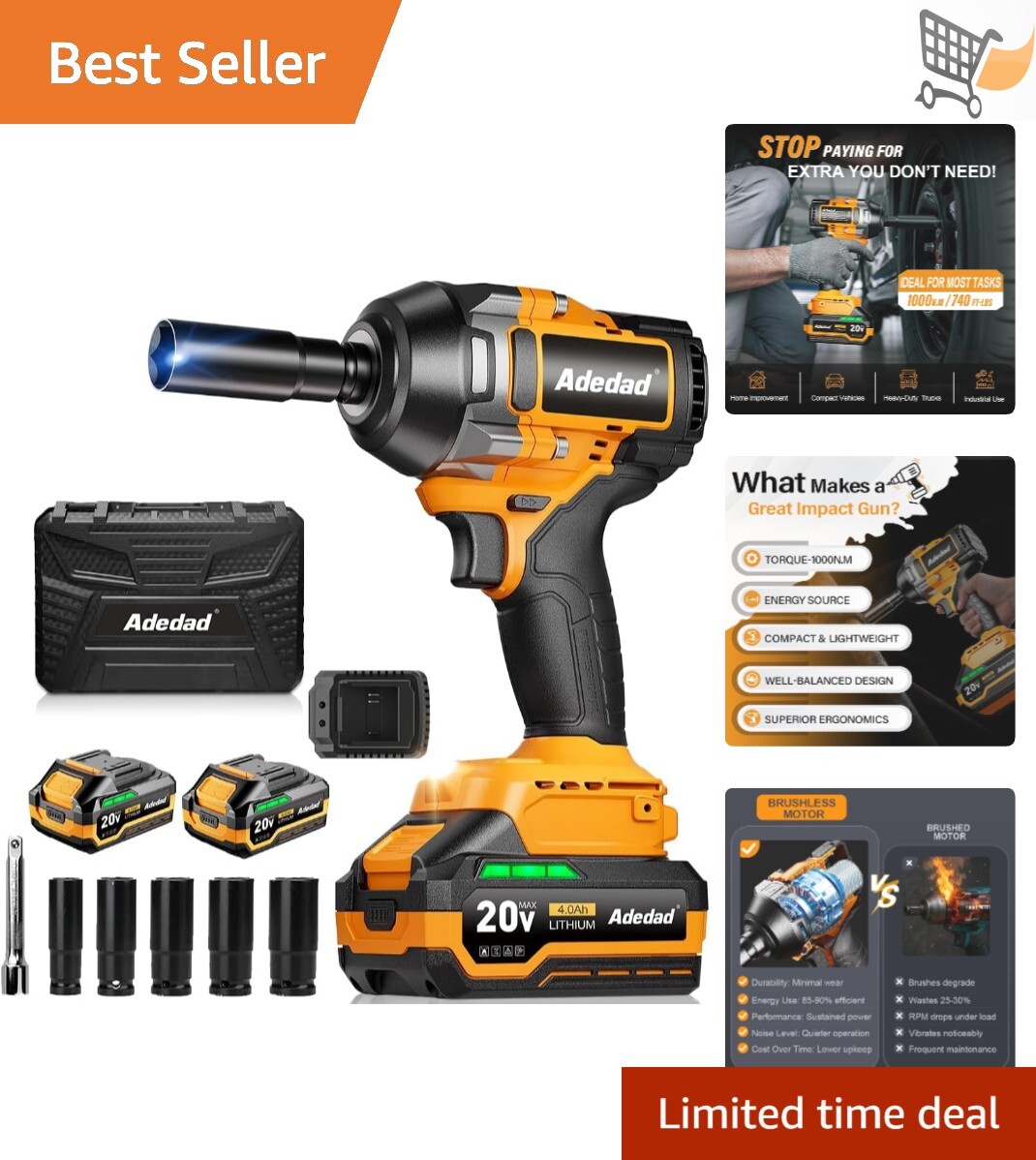 Cordless Impact Wrench 20V 1000N.m High Torque Impact Gun with Batteries Sockets