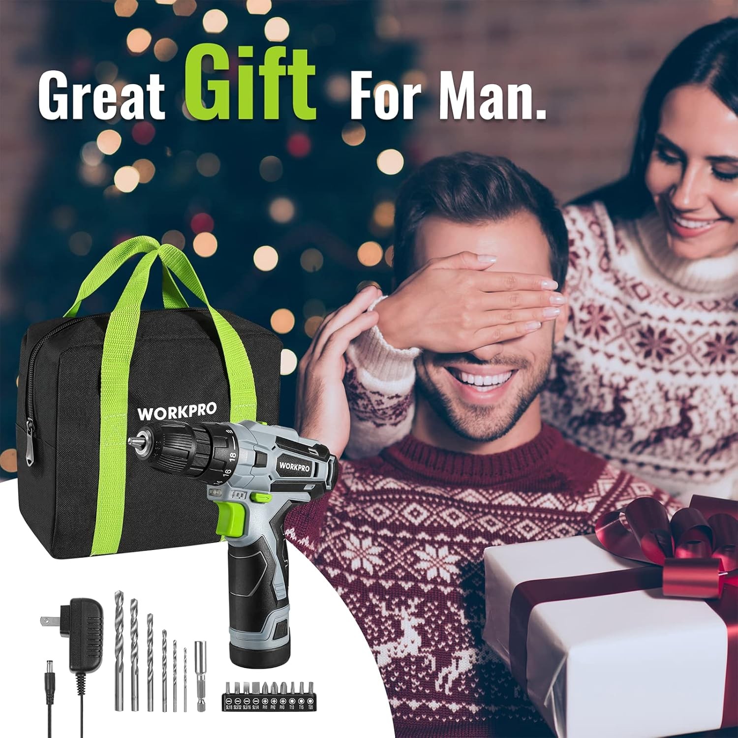Cordless Drill Driver Kit, 12V Electric Screwdriver Driver Tool Kit, 3/8&Prime; Keyles