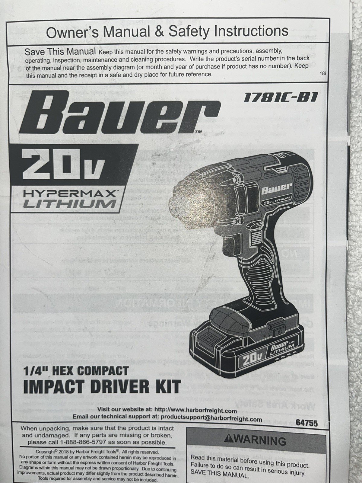 Bauer 20V 1/4&Prime; Impact Driver Model 1781C-B1 Item 64755 w/ 1 – 20v Battery