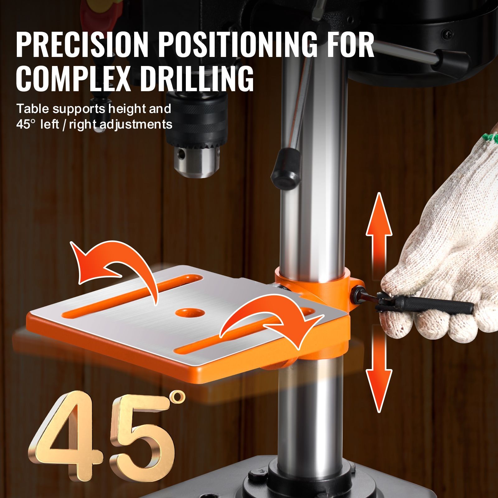 8in Benchtop Drill Press, 2.5A Motor, 5-Speed (620–3100 RPM), 45° Tilting Table