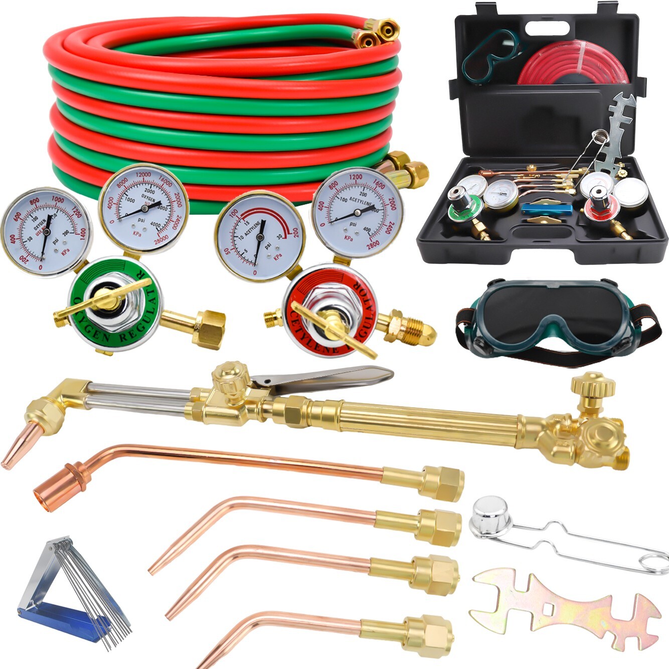 Oxy-Acetylene Gas Cutting Torch Regulator Welding Kit 25&prime; +15&prime; Hose Glasses Case