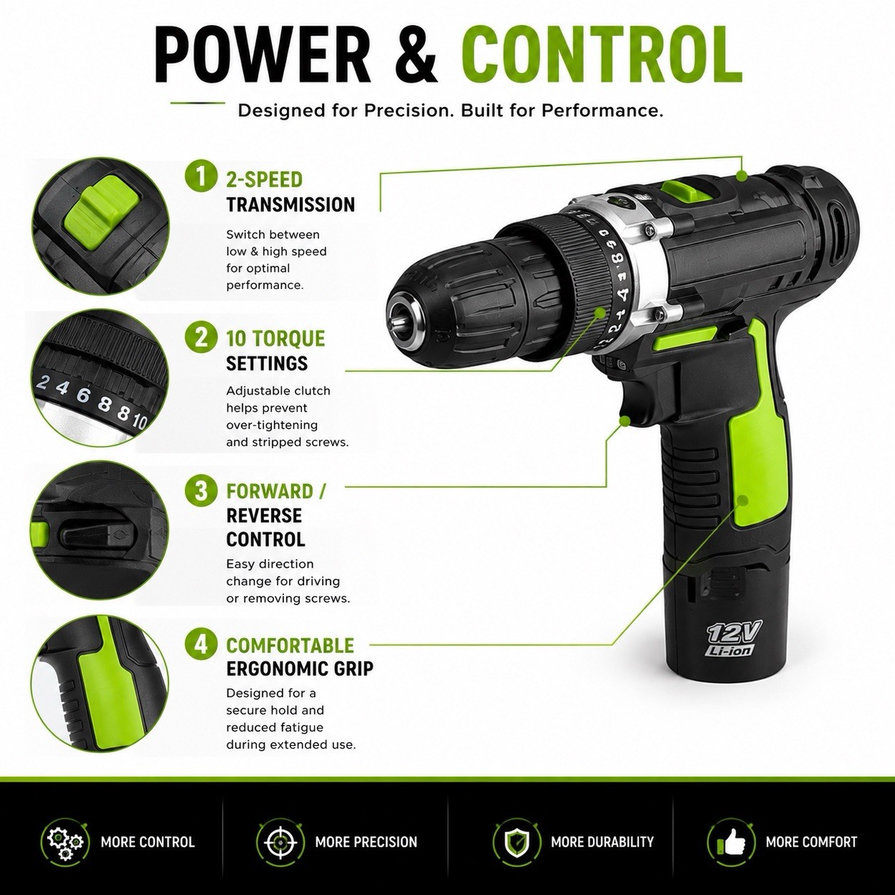 12v cordless drill Driver Kit With Battery, Charger Y Carry Case 2 Speed