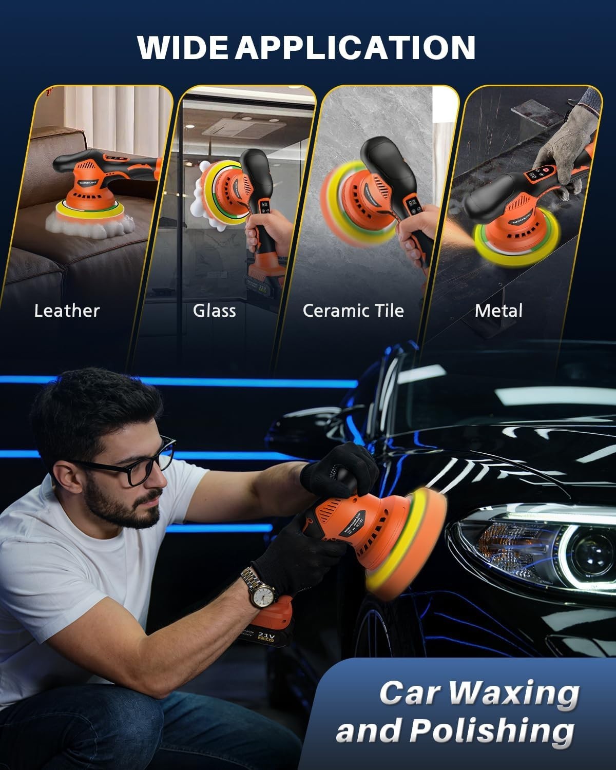 Cordless Car Buffer Polisher 8 Speed Orange Battery Operated for Waxing and S…