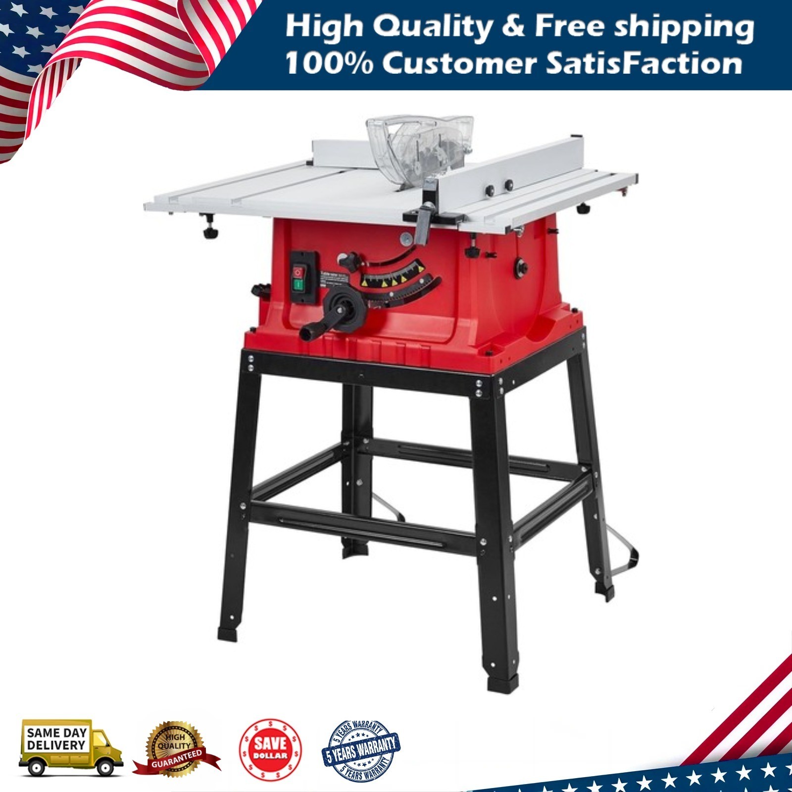 10 Inch Table Saw 15 Amp 5000RPM Powerful Tablesaw with Stand & Protective Cover