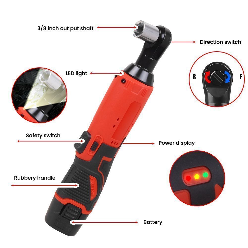 3/8 » Electric Cordless Ratchet Right Angle Wrench Impact Power Tool 2 Battery