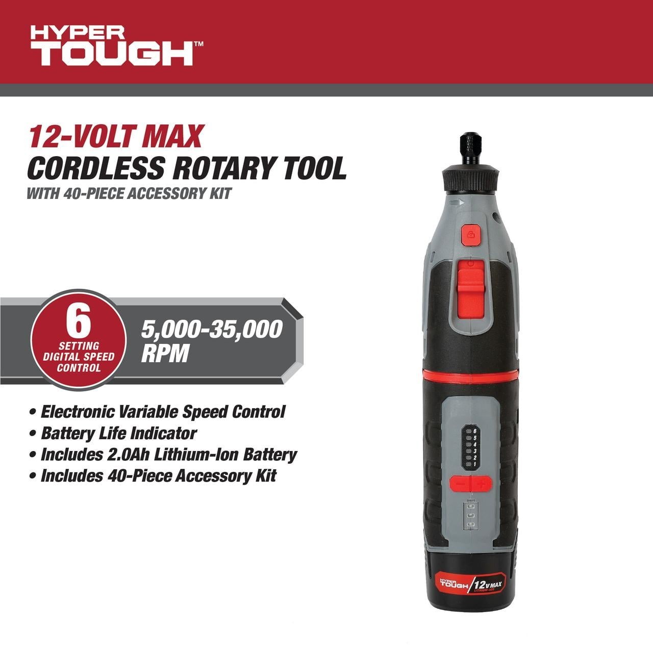 Hyper Tough 12V Max Cordless Rotary Tool 40pc Kit 5,000-35,000 RPM Li-Ion 80199