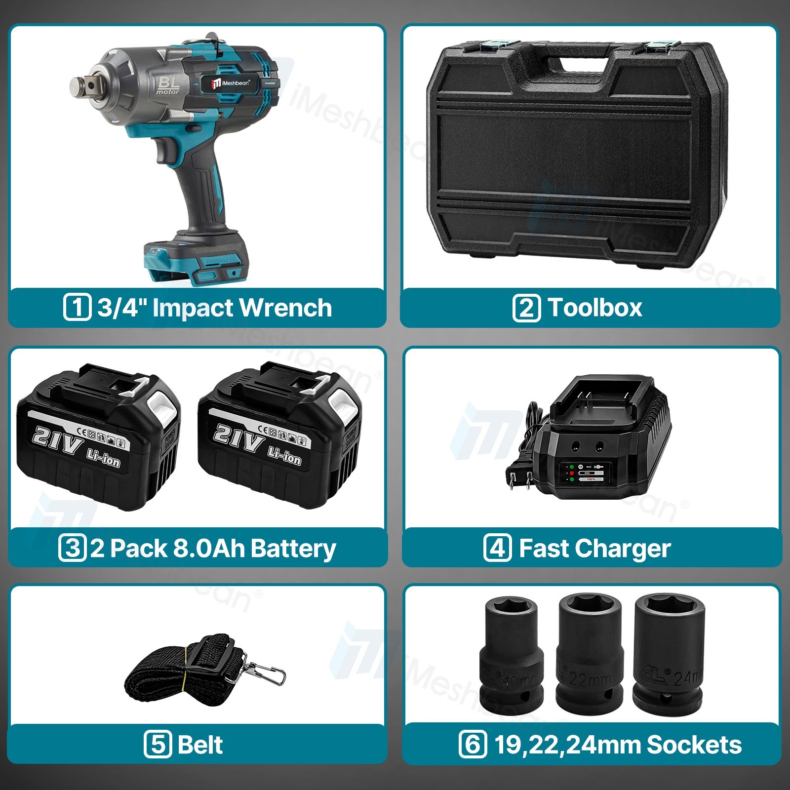 2100 N.m High Torque Impact Wrench 3/4&Prime; Drive W/ 2PCS 21V 8.0A Battery Cordless