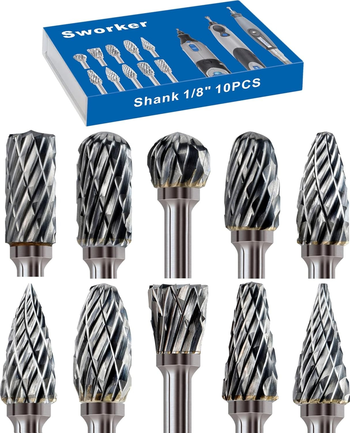 10 Pcs Carbide Burr Set 1/8&Prime; Shank Compatible with Dremel Milwaukee