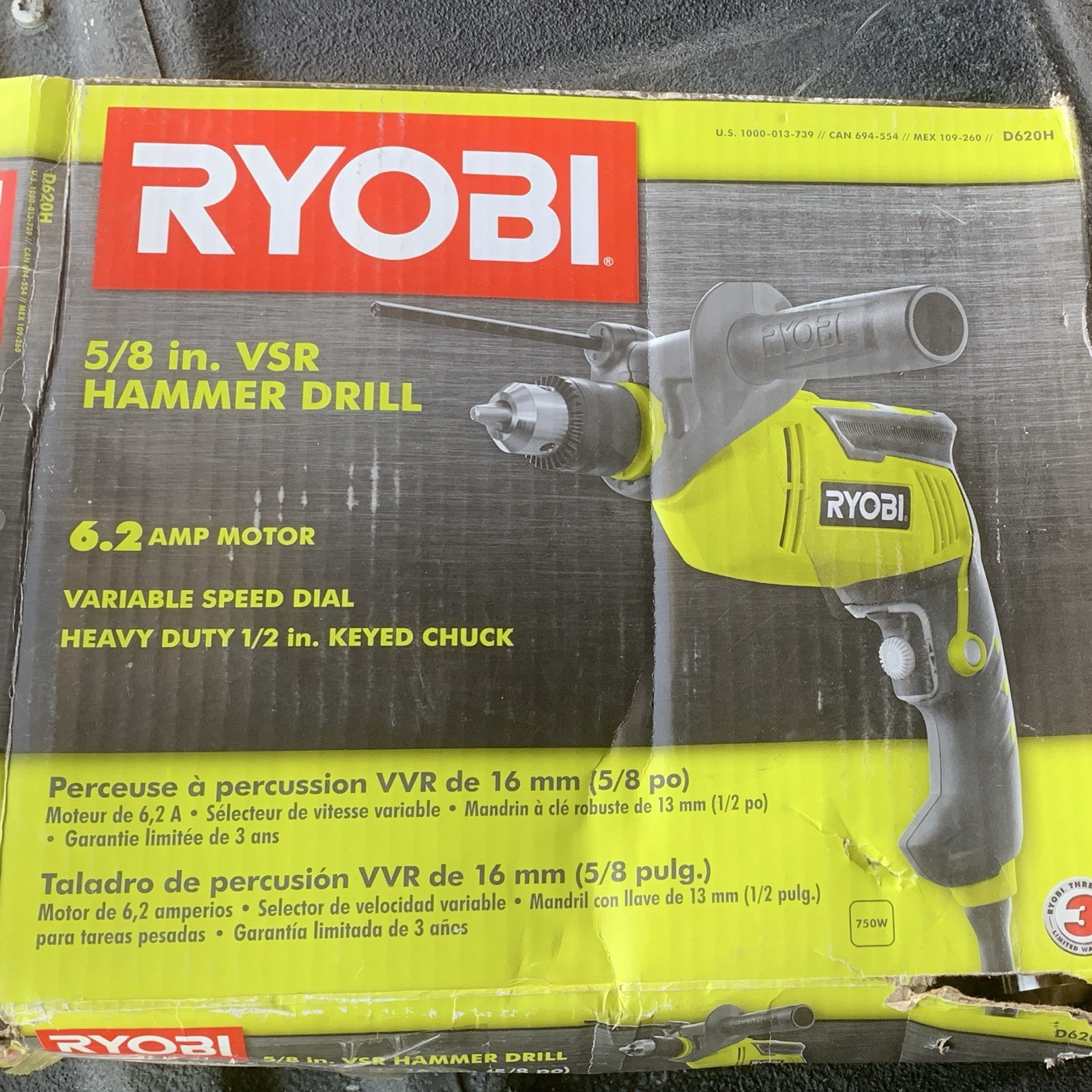 Ryobi D620H Corded Hammer Drill 110V 750W 5/8in Keyed VSR w/ Handle