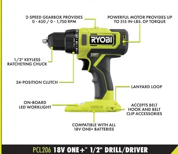 Ryobi ONE+ 18V 1/2&Prime; Drill/Driver Kit w/ Charger & 1.5Ah Battery PCL206K1