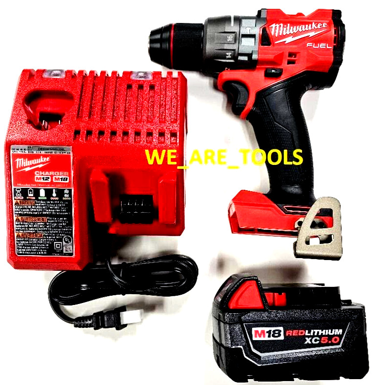 Milwaukee FUEL 2904-20 Hammer Drill, (2) 48-11-1850 5.0 Batteries, Charger M18