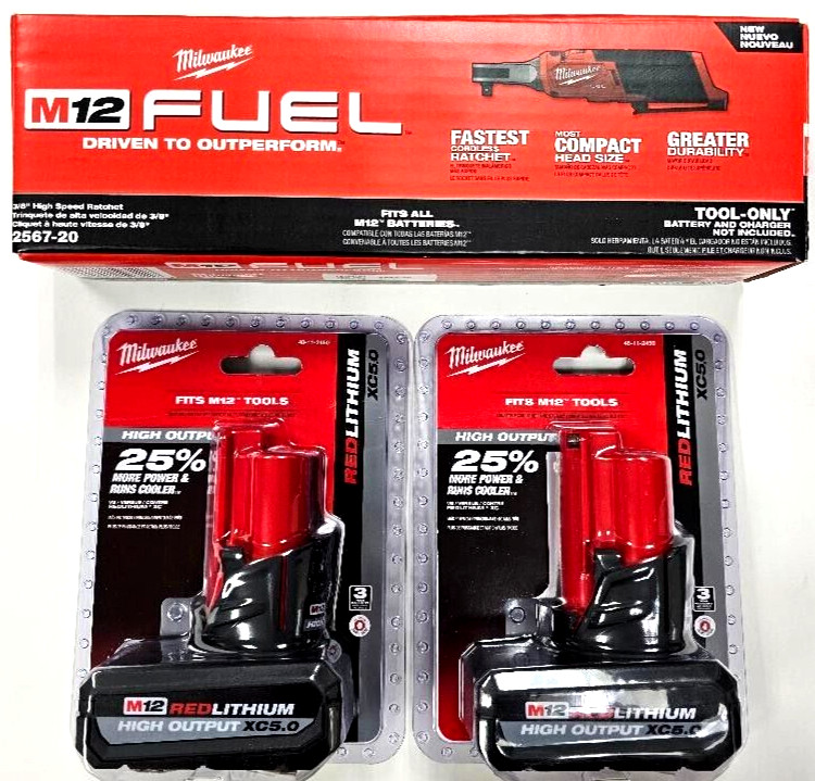 NEW Milwaukee FUEL M12 2567-20 Cordless 3/8 High Speed Ratchet, 2 5.0 AH Battery