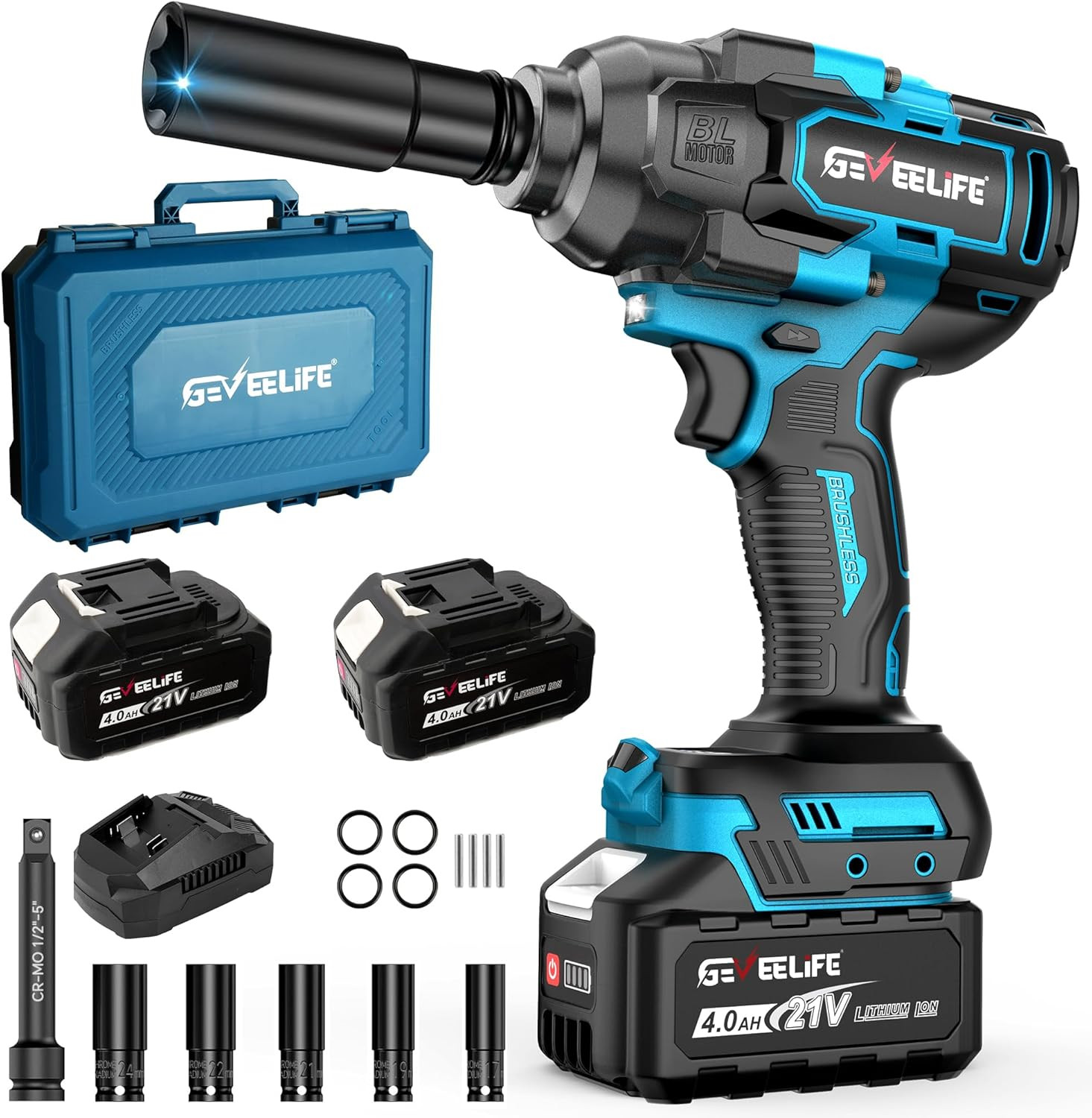 1/2&Prime; Brushless Impact Wrench 900Ft-Lbs 2X 4.0Ah Battery Charger Kit US