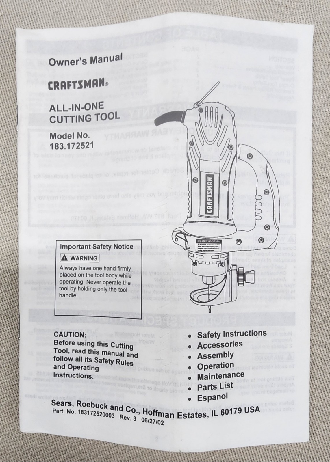 CRAFTSMAN All In One Cutting Tool Trim Cutter 5.0 Amp 2 Speed Model 183.17251