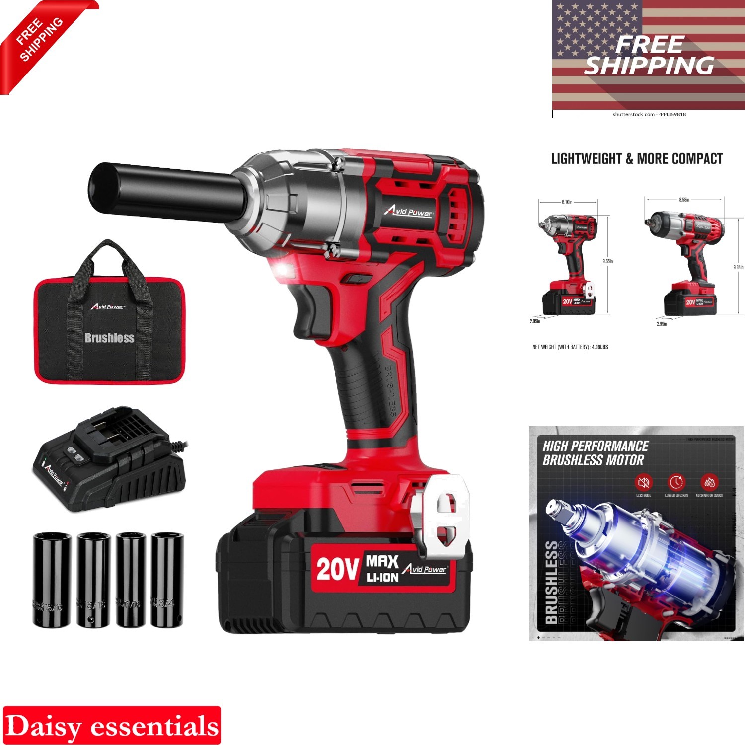 Cordless Impact Wrench 1/2 20V Brushless 3 Speeds Max 370ft-lbs Lithium Battery