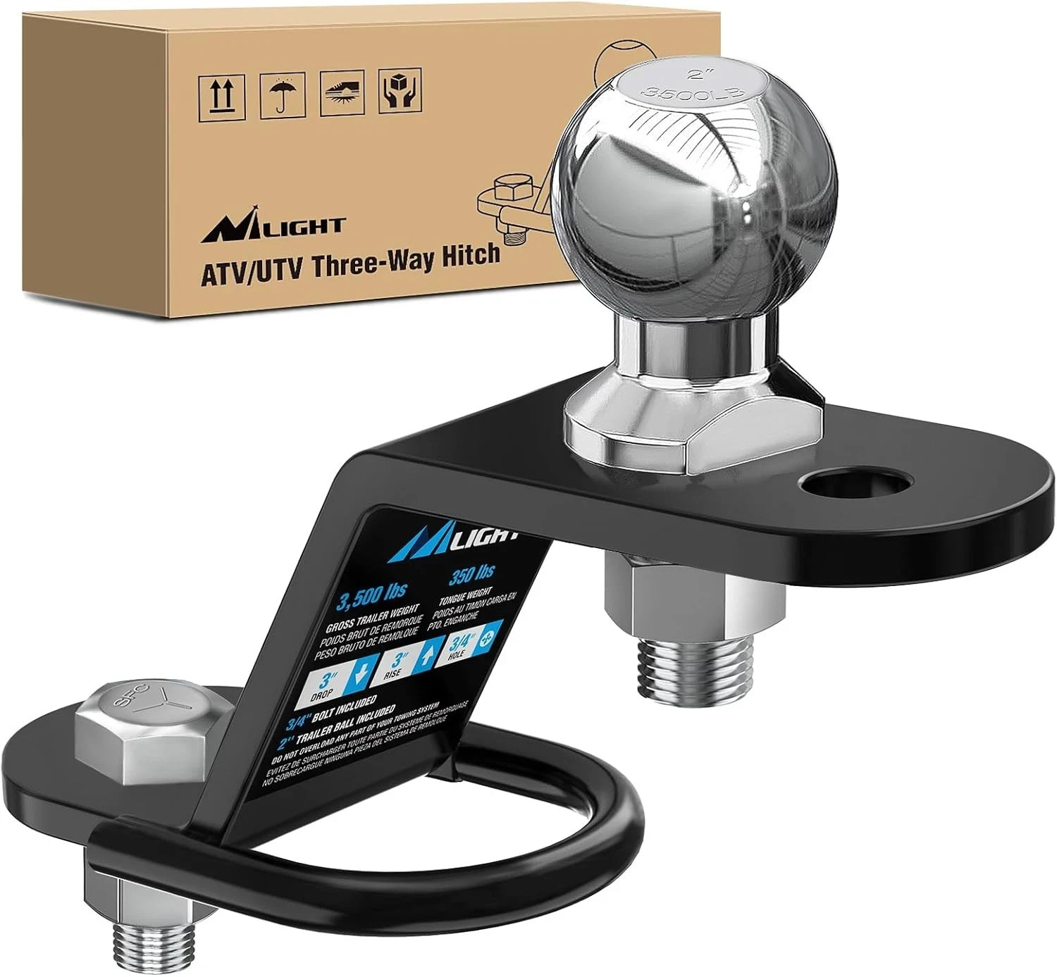 ATV/UTV Three-Way Hitch with 2 Inch Ball 3500lbs 3 Trailer Hitch Ball Mount