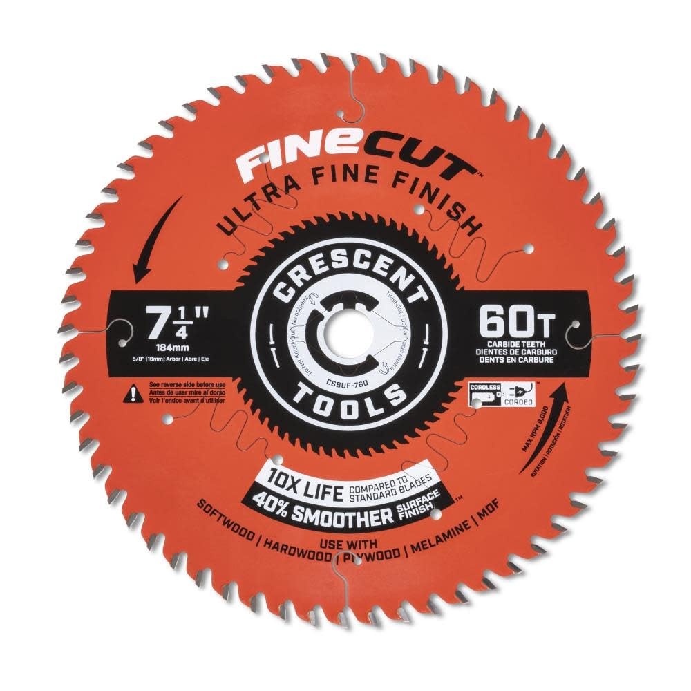 Crescent 7-1/4&Prime; x 60-Tooth FineCut Ultra Fine Finish Circ Saw Blade – CSBUF-760
