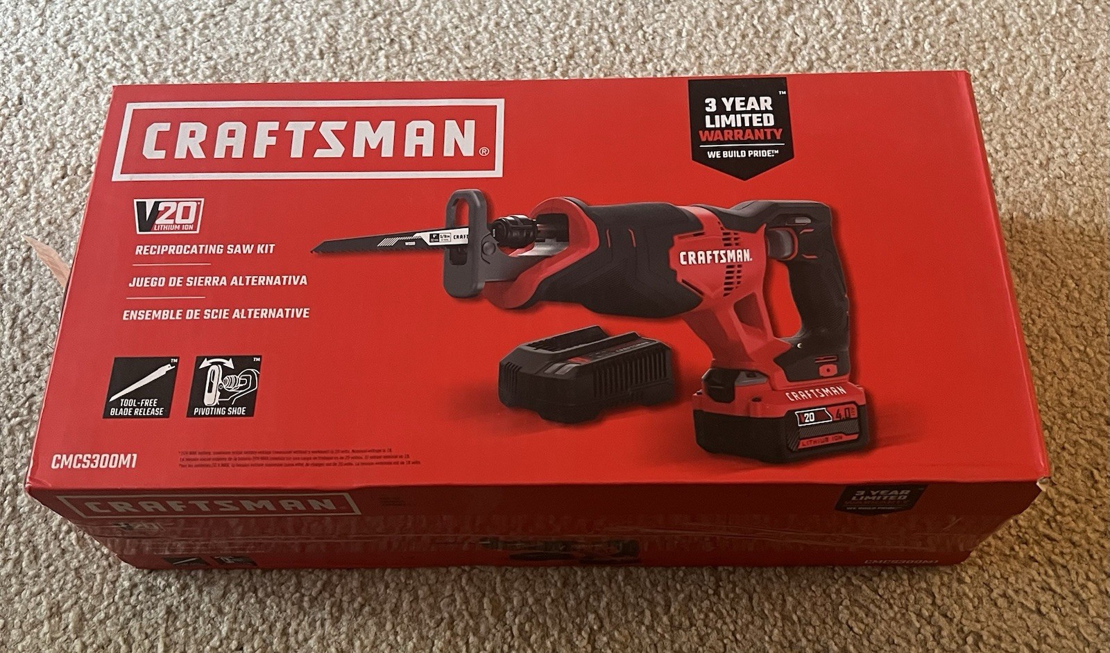 Craftsman V20 Lithium-Ion Reciprocating Saw Kit 4Ah Battery & Charger CMCS300M1