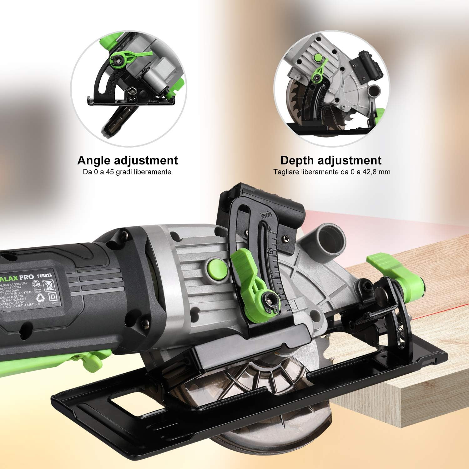 4Amp 3500RPM Circular Saw with Laser Guide, Max. Cutting Depth1-11/16&Prime;(90°), 1-1