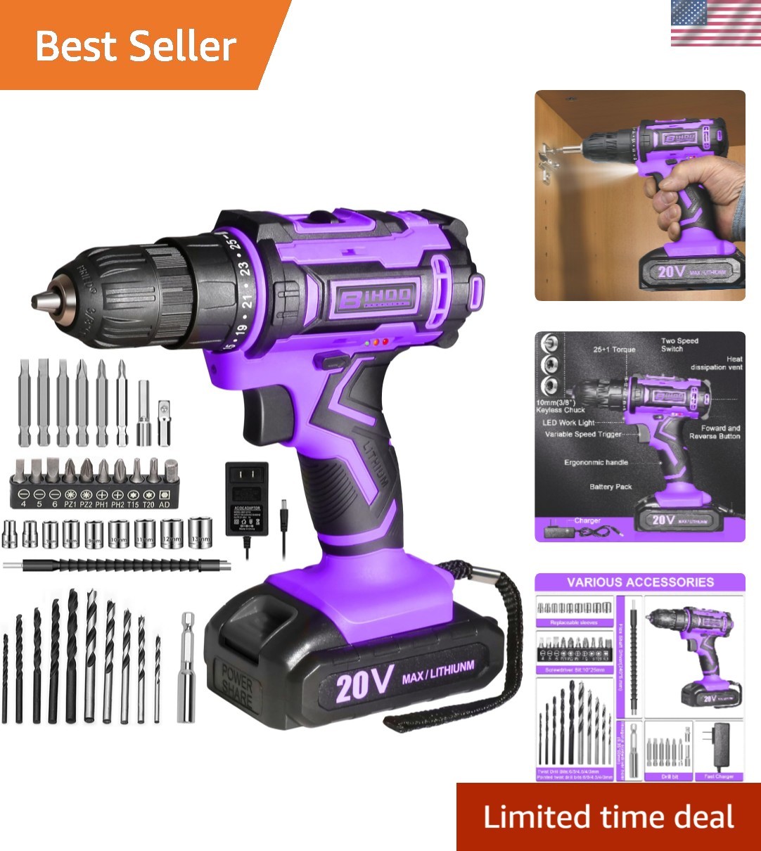 Compact 20V Cordless Drill Set in Purple with Variable Speed & Charger Included