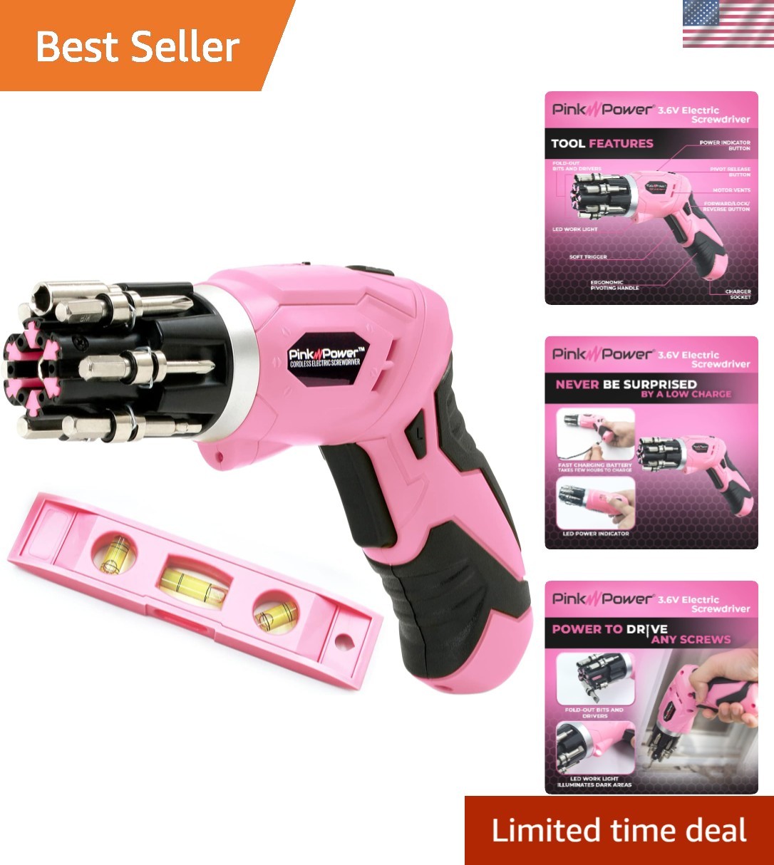 Cordless Electric Screwdriver Set – 3.6V Rechargeable Pink Cordless Screwdriv…