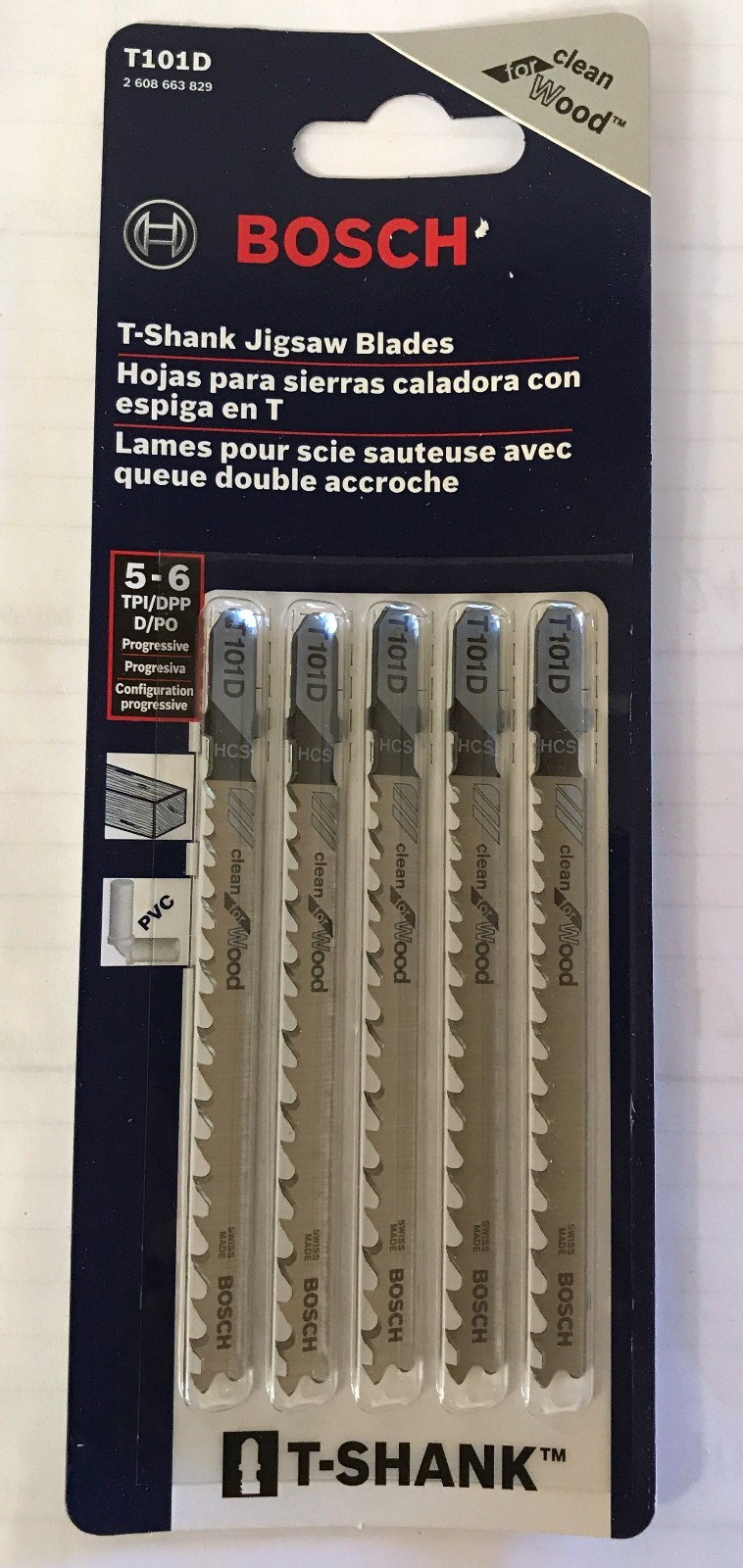 BOSCH 5 PACK T-SHANK JIG SAW BLADES T101D CLEAN CUTS WOOD PVC 5-6 TPI JIGSAW