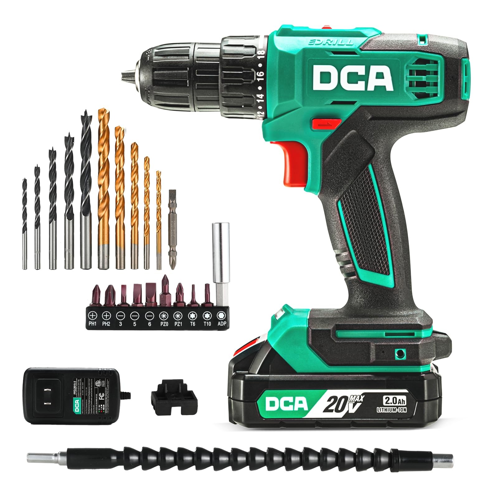 DCA Cordless Drill Set, 354 in-lbs Torque, 3/8&Prime; Keyless Chuck, Electric Power