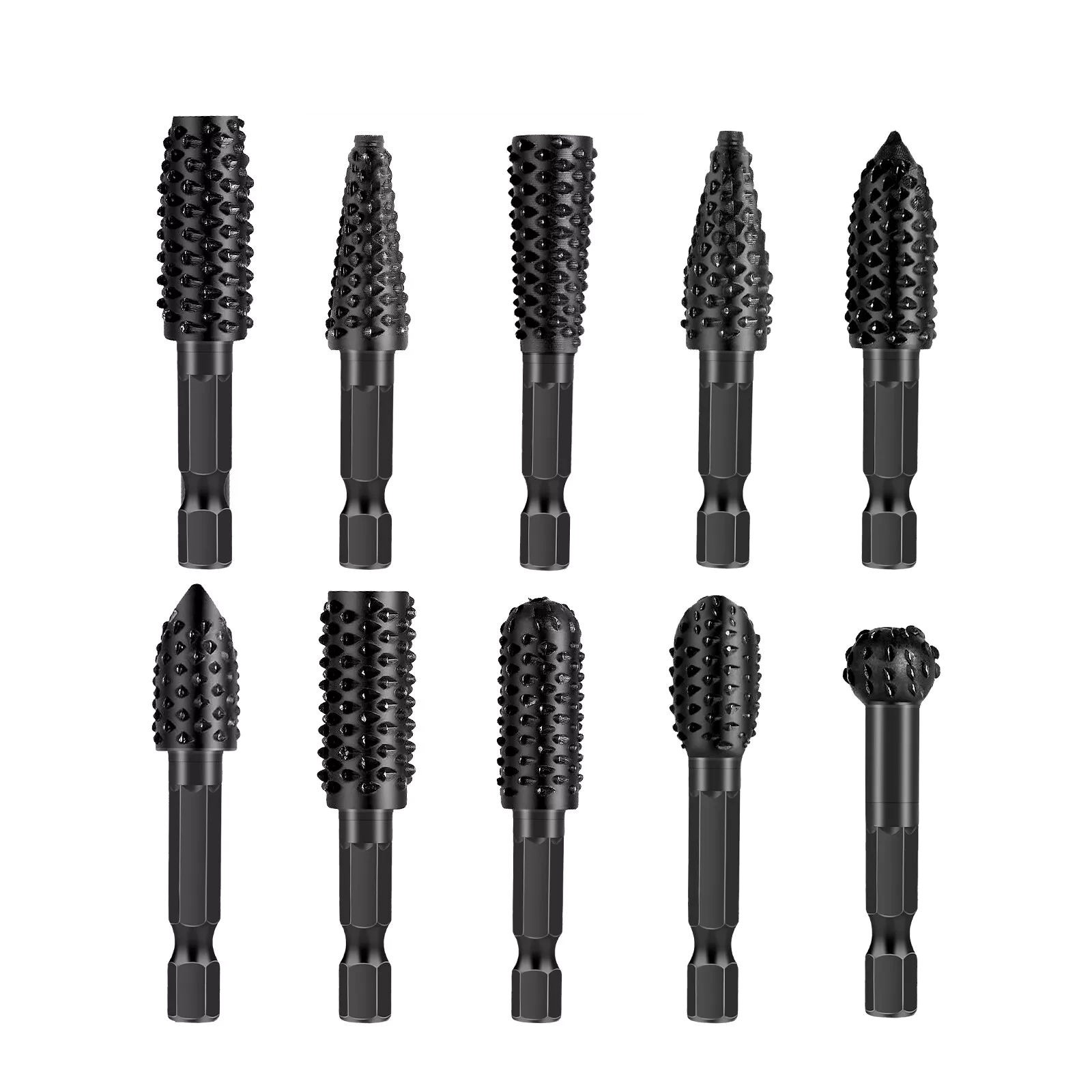 1/4&Prime; 6.35mm Shank Rotary Burr Wood Carving File Rasp Drill Bits Tool 10 pcs Set