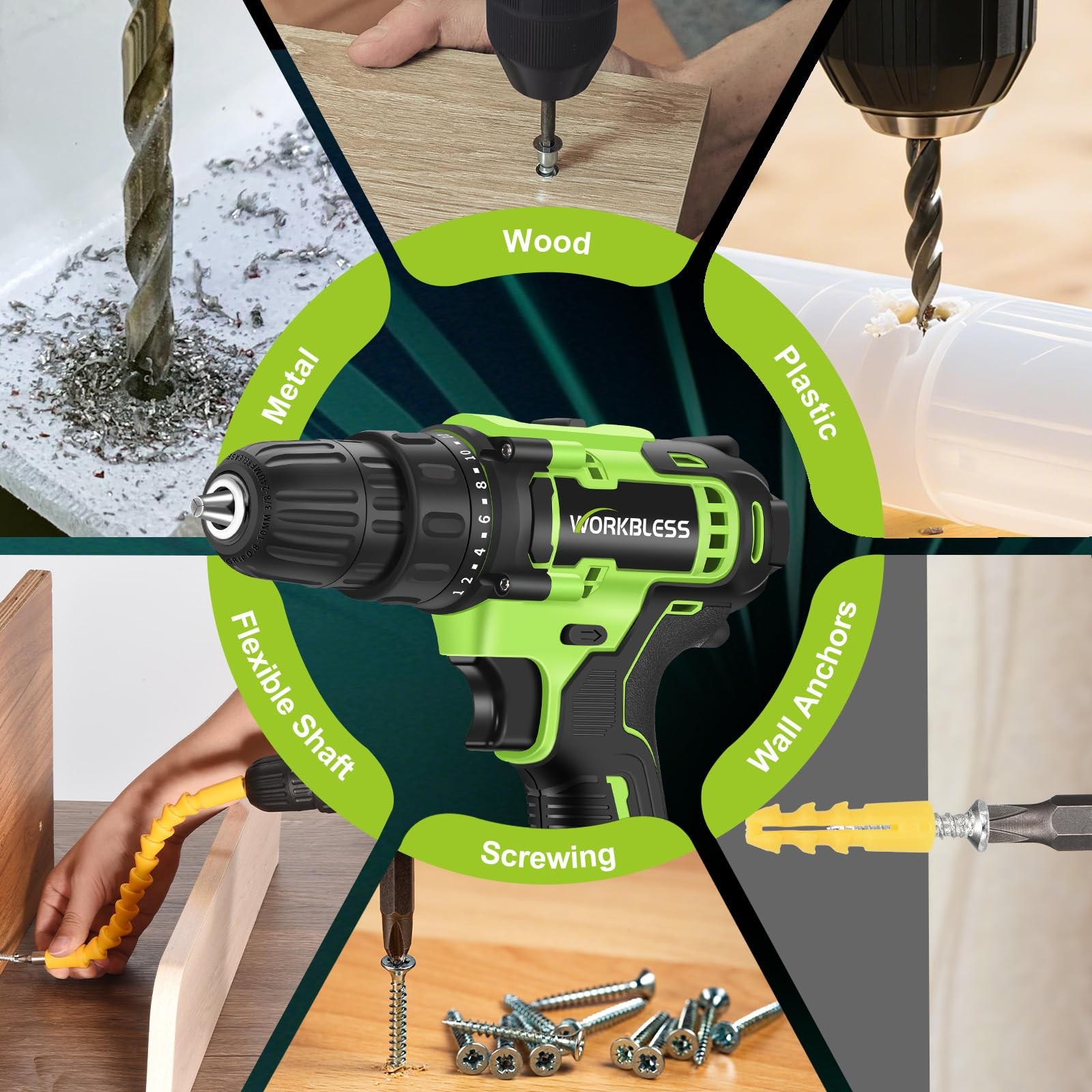 21V Power Drill Set, Cordless Drill with Battery and Charger (Green, 1 Battery)