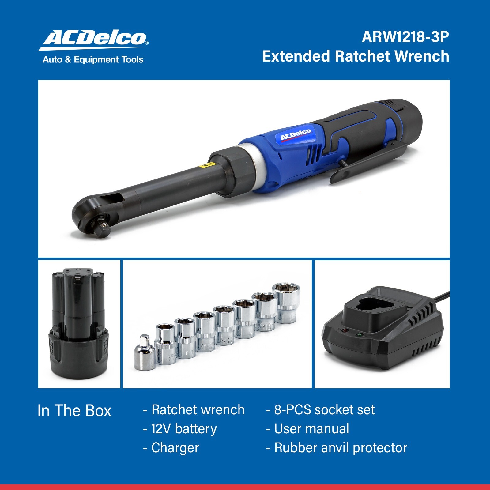 ACDelco G12 12V 3/8&Prime; Cordless Extended Ratchet Wrench, 40 ft-lbs, ARW1218-3P
