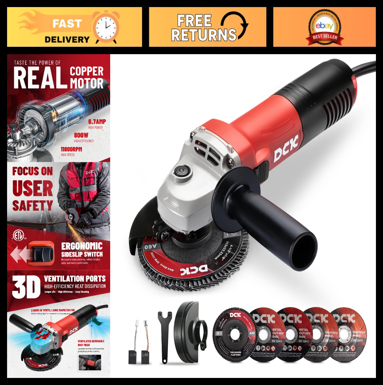 4.5&Prime; Angle Grinder 6.7A Cut Off Tool 11,800 RPM with Safety Guards & Discs