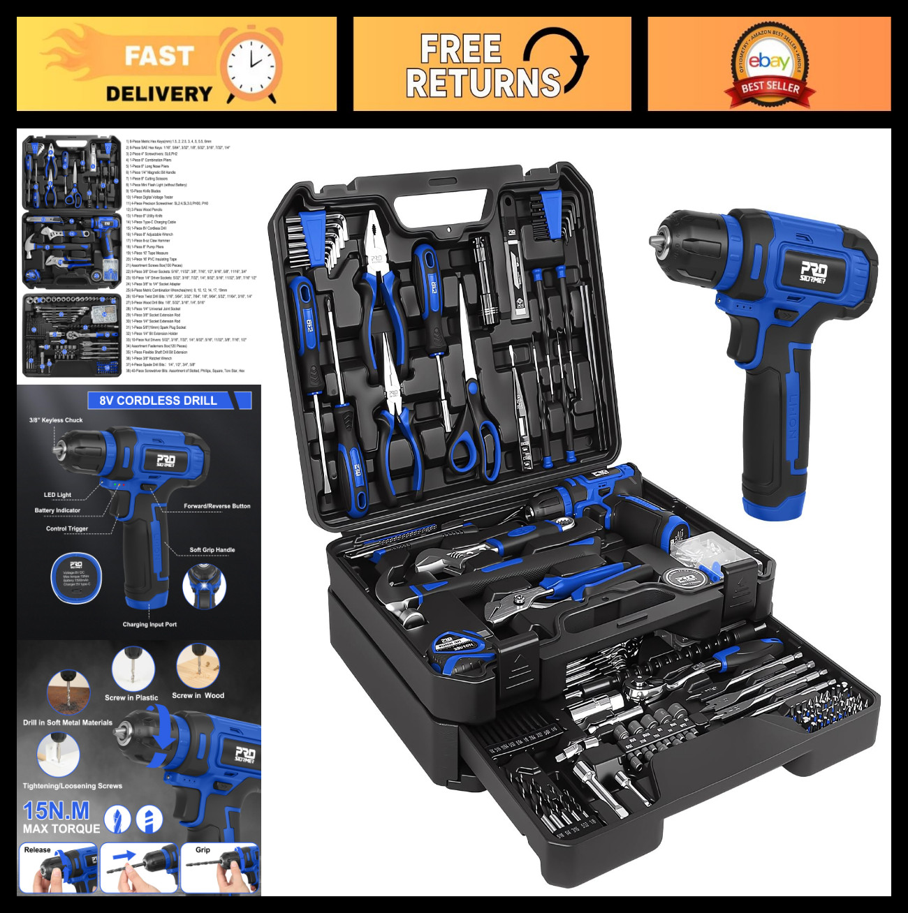 369-Piece Drill Tool Set Combo Kit | Portable 8V Power Drill & Complete Tools fo