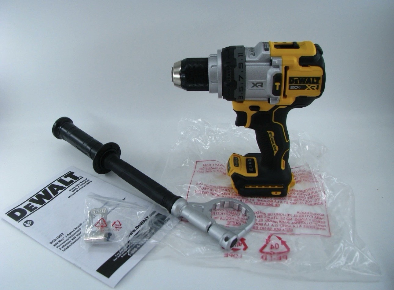 DEWALT DCD1007 20V XR Cordless Drill/Driver Keyless Chuck w/ Aux Handle