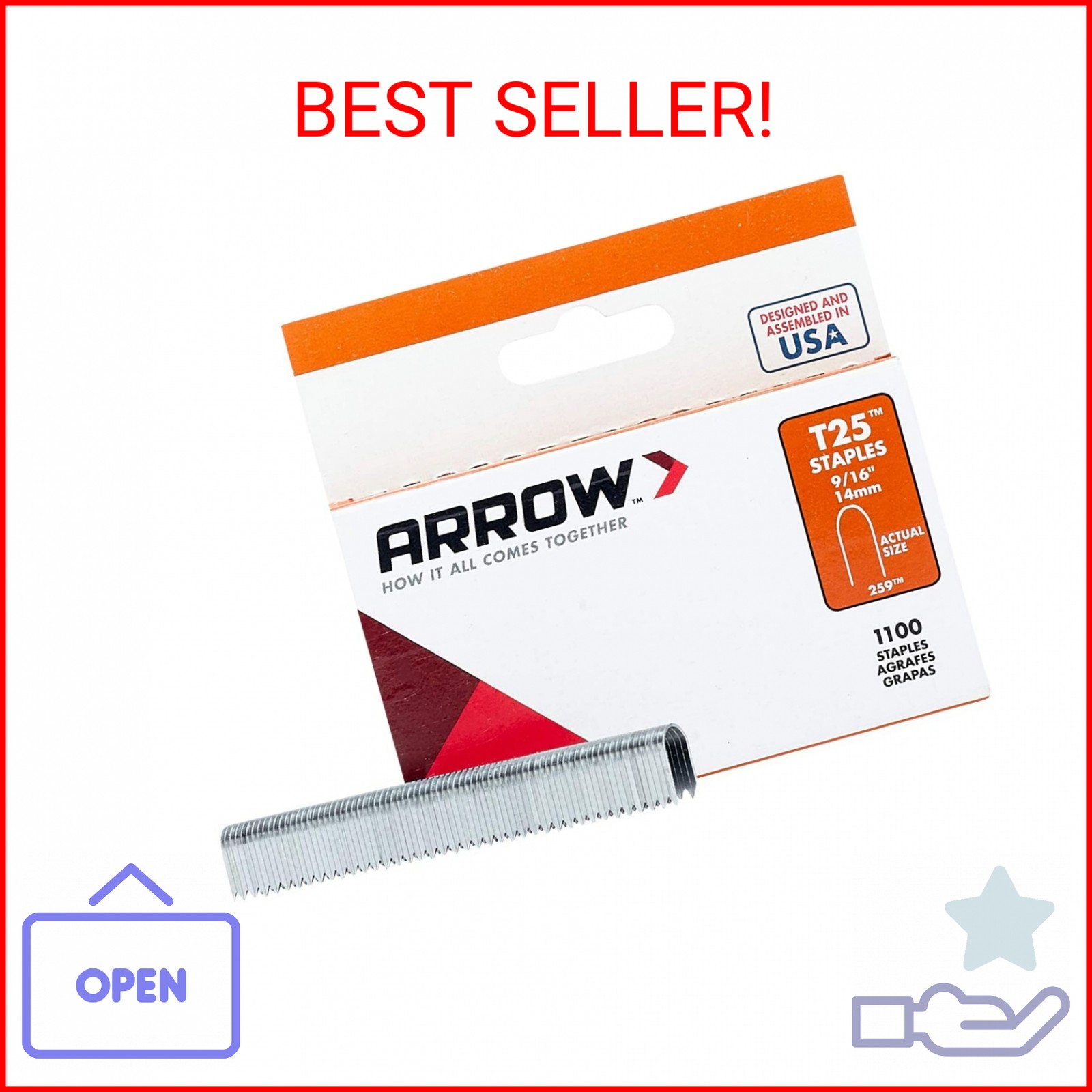 Arrow 259 T25 Staples for Installing Low Voltage Wires & Cables, 1100 Count