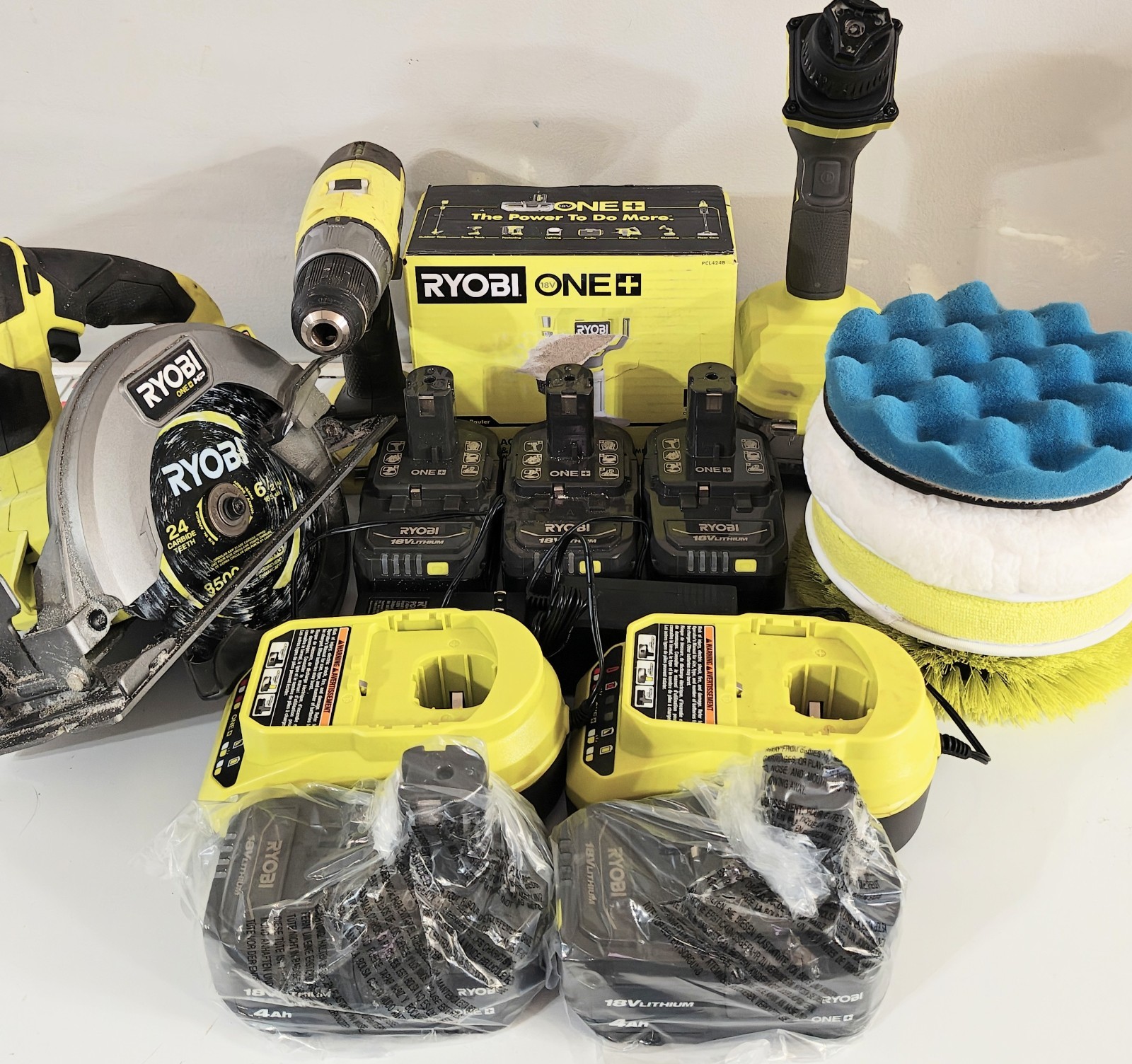 Ryobi 18v Tool Bundle – 4 Tools, (5) 4ah One+ Batteries, 2 Chargers