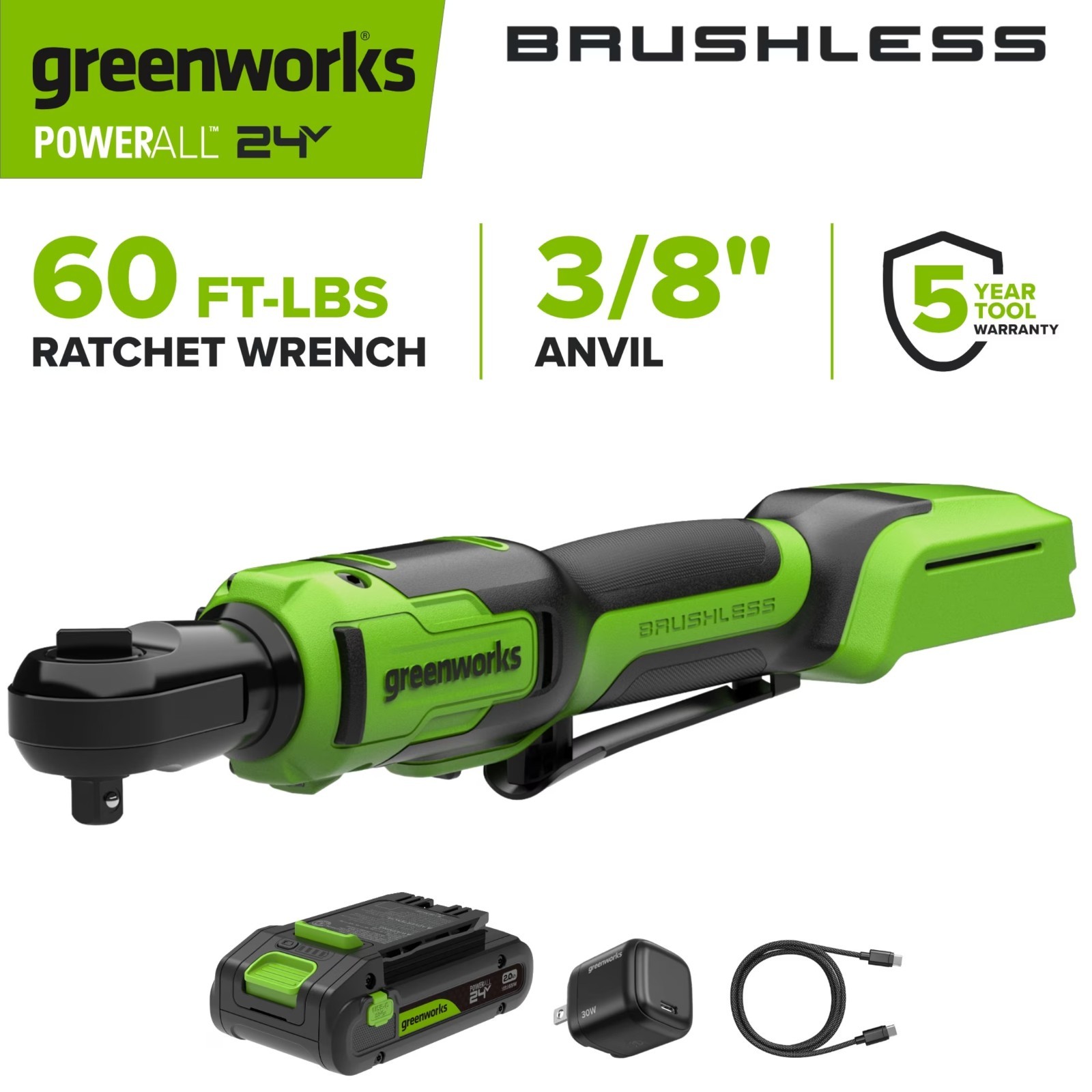 Cordless Ratchet Wrench 24V Brushless 60 ft-lb 3/8 Inch 2Ah Battery USB-C Cable