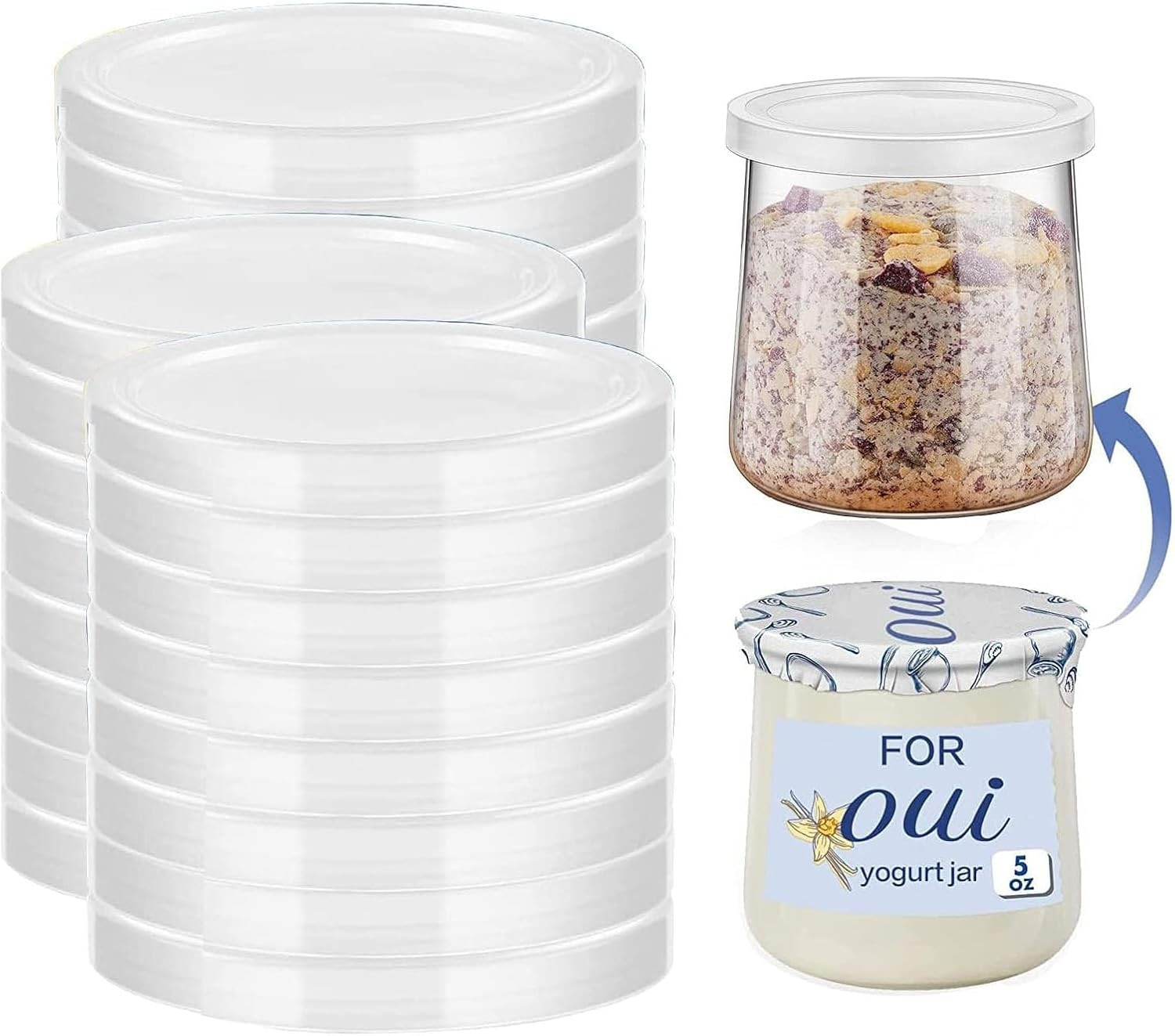15 Pc Oui Yogurt Jar Lids, Clear Reusable BPA-Free Plastic for Glass Jars, Micro
